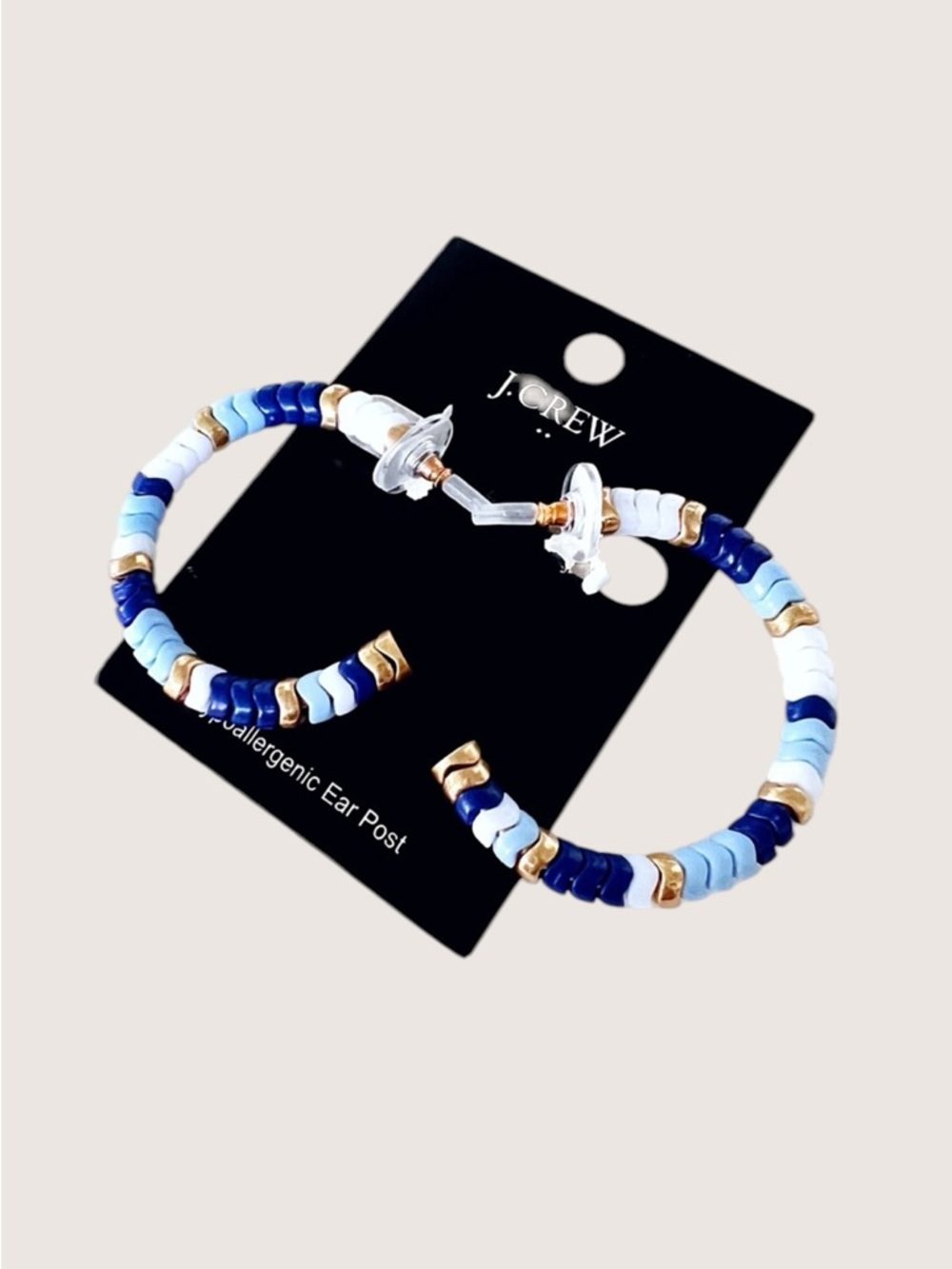 J. Crew Blue, White and Gold Beaded Colorblock Chevron Hoop Earrings